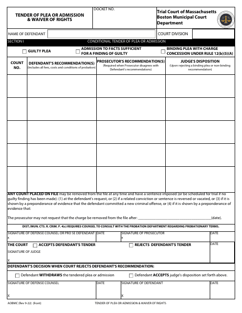 Tender of Plea or Admission & Waiver of Rights - City of Boston, Massachusetts Download Pdf