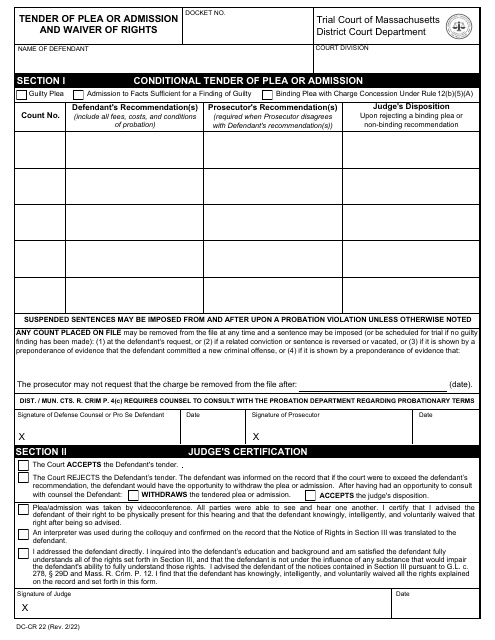 Form DC-CR22 Tender of Plea or Admission and Waiver of Rights - Massachusetts