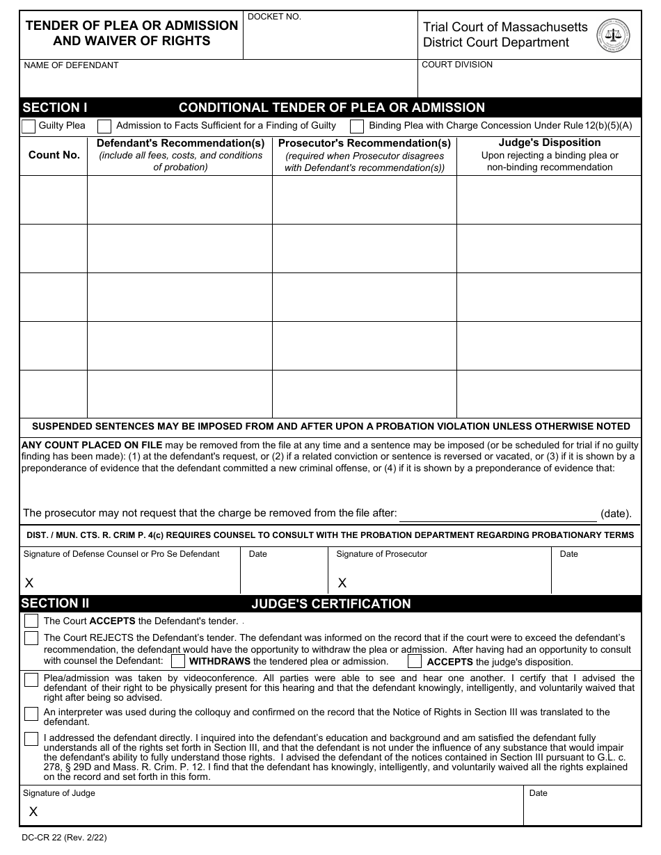 Form DC-CR22 Tender of Plea or Admission and Waiver of Rights - Massachusetts, Page 1
