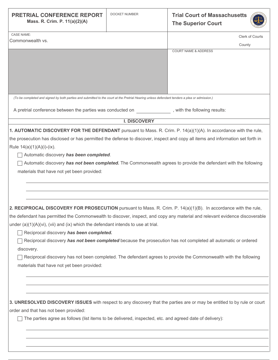 Pretrial Conference Report - Massachusetts, Page 1