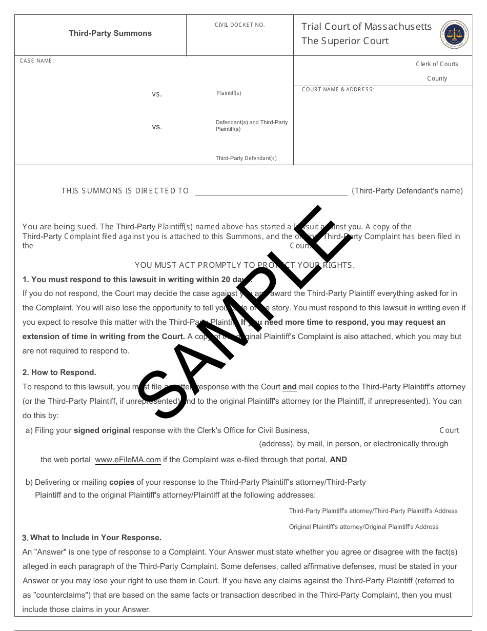 Third-Party Summons - Sample - Massachusetts, Page 1