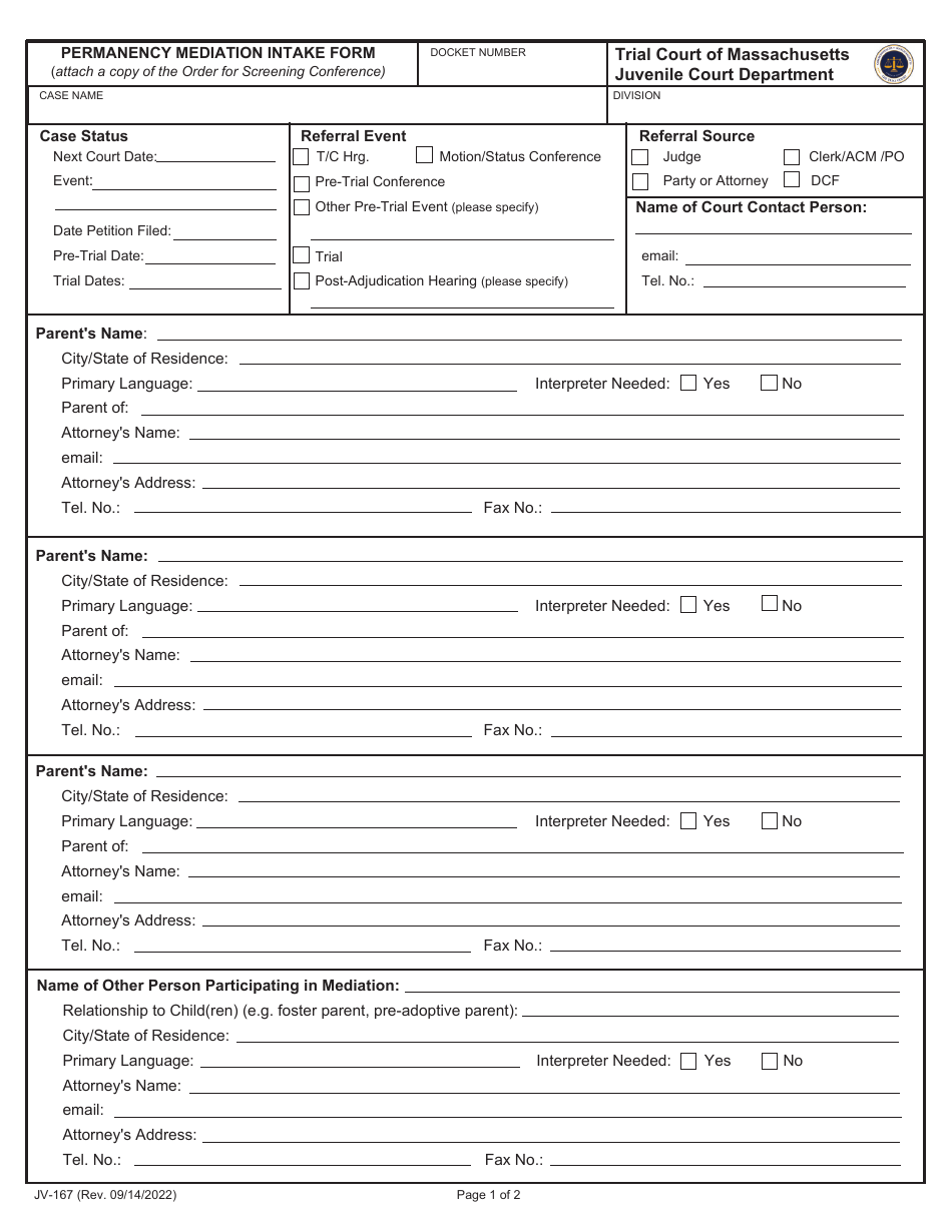 Form JV-167 Download Fillable PDF or Fill Online Permanency Mediation ...