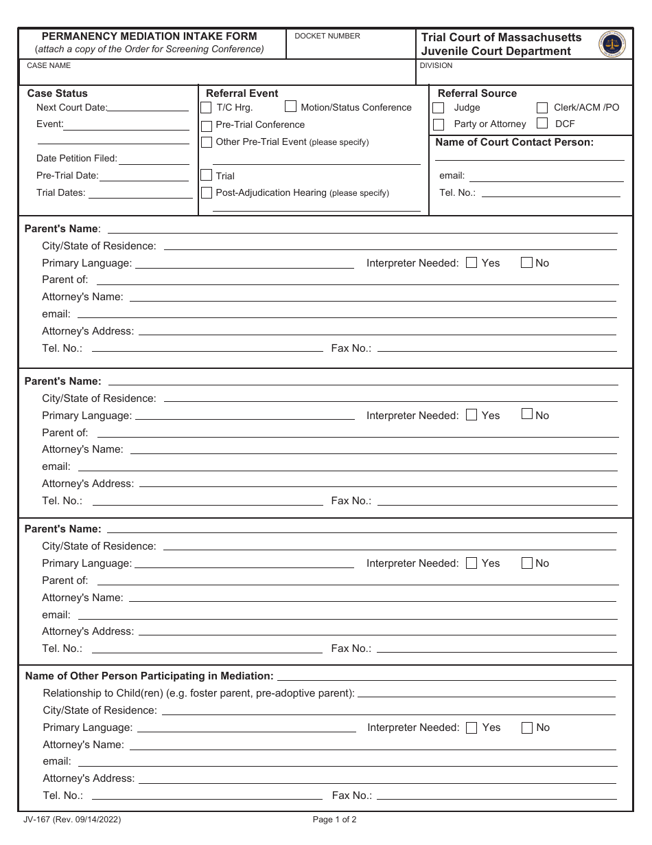 Form JV-167 Permanency Mediation Intake Form - Massachusetts, Page 1