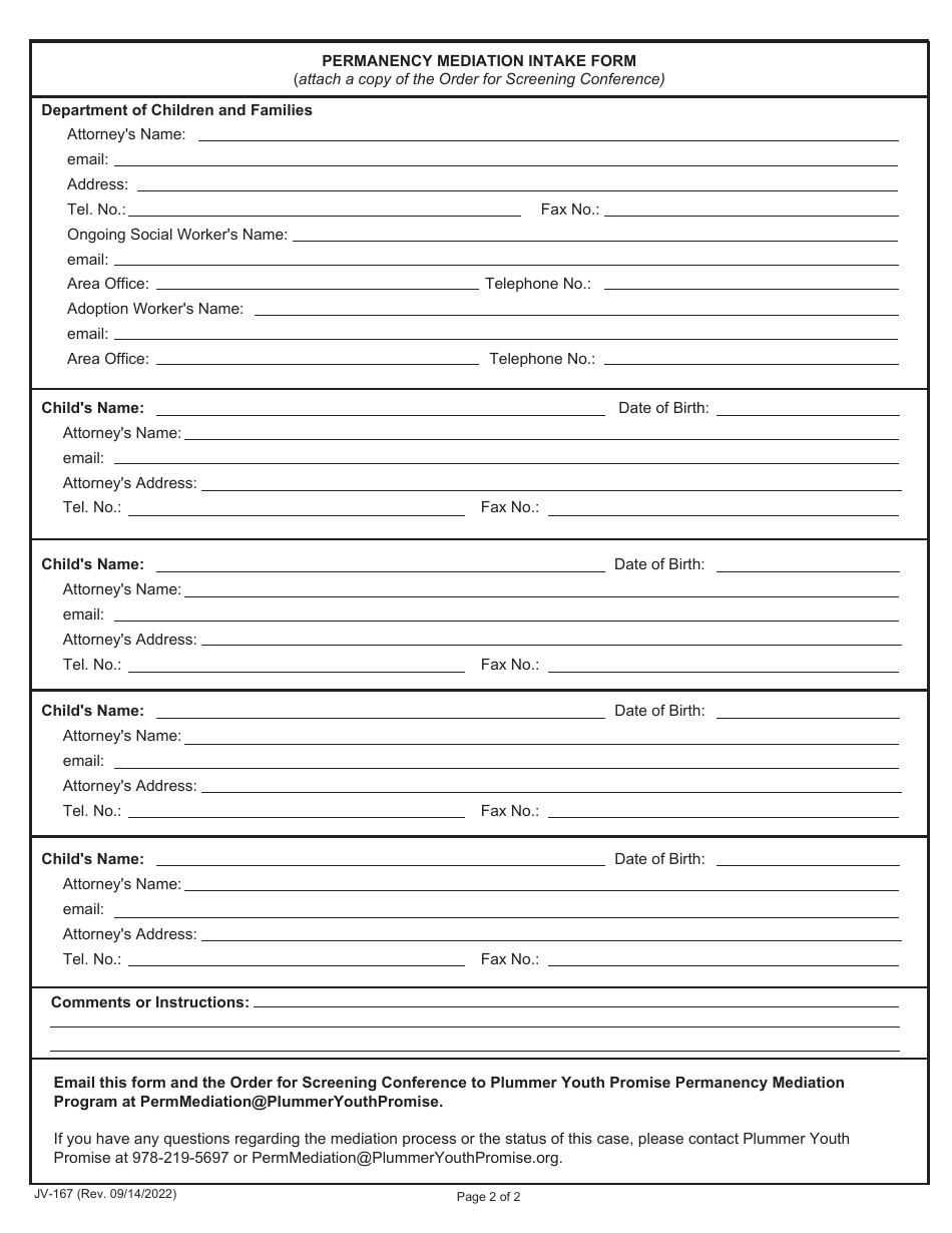 Form JV-167 Permanency Mediation Intake Form - Massachusetts, Page 2