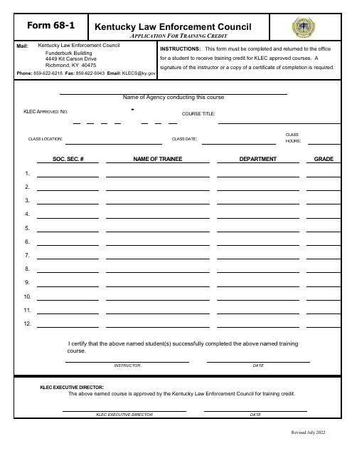 Form 68-1 Application for Training Credit - Kentucky