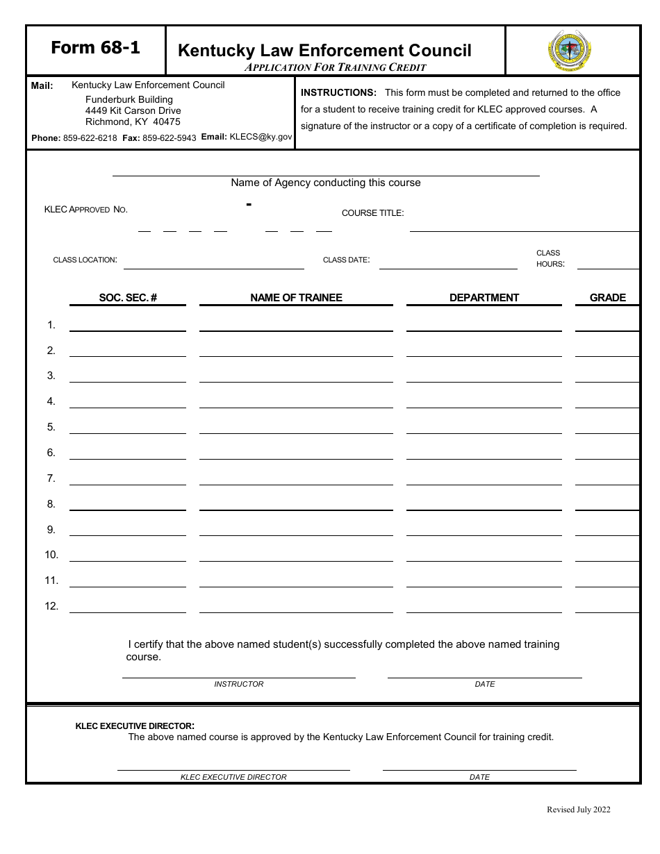 Form 68-1 Application for Training Credit - Kentucky, Page 1