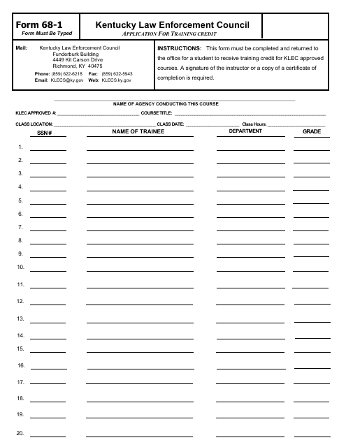 Form 68-1 Application for Training Credit - Multiple Pages - Kentucky