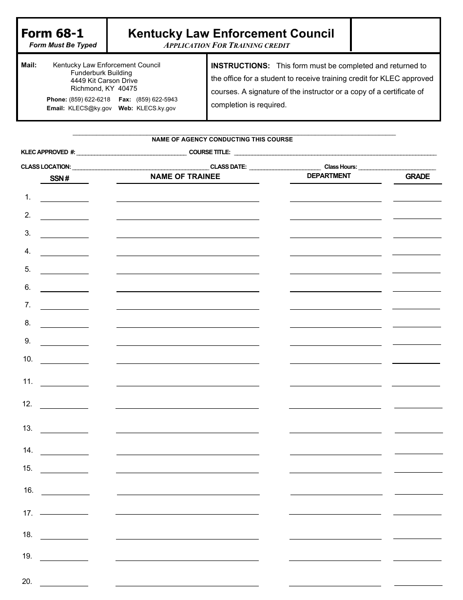 Form 68-1 Application for Training Credit - Multiple Pages - Kentucky, Page 1