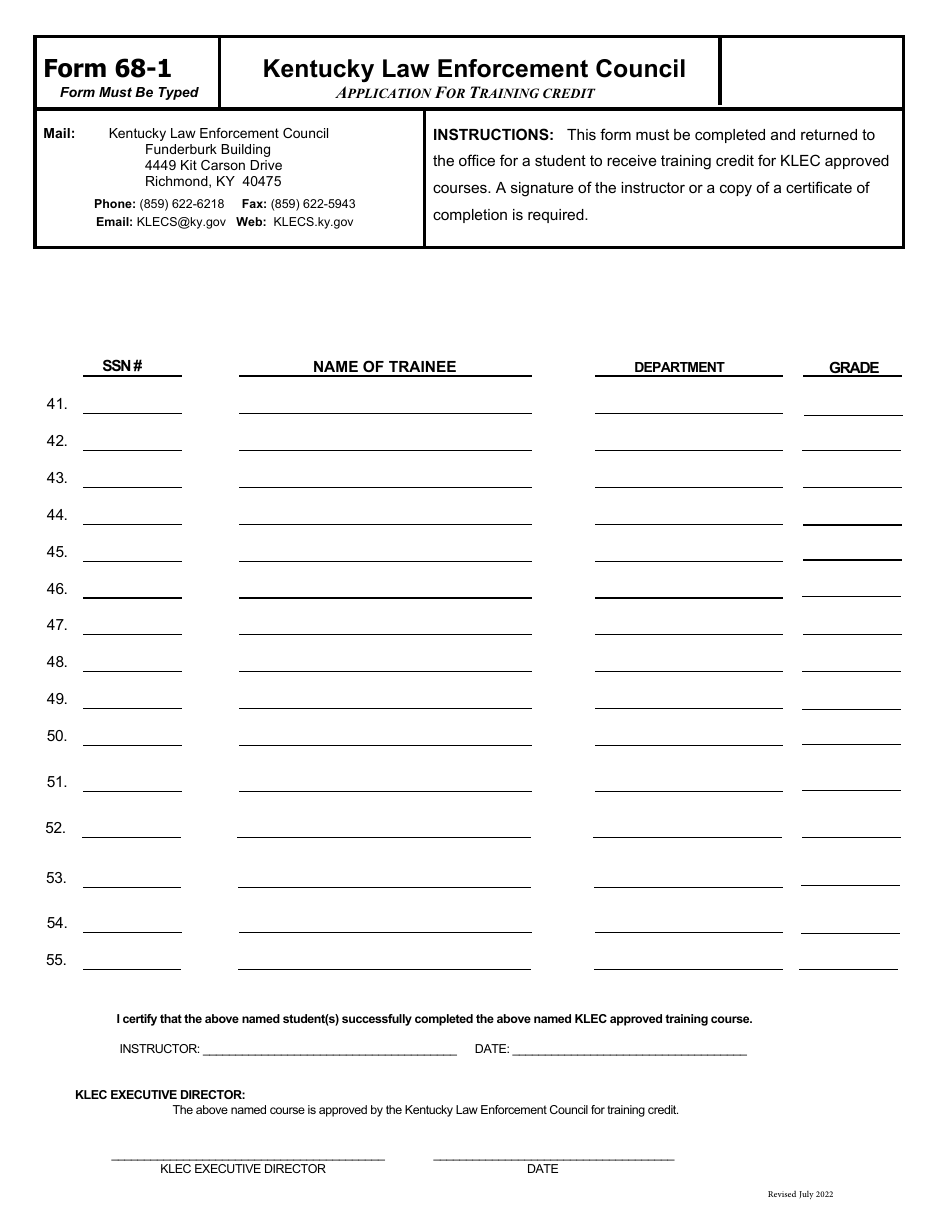 Form 68-1 Application for Training Credit - Multiple Pages - Kentucky, Page 3