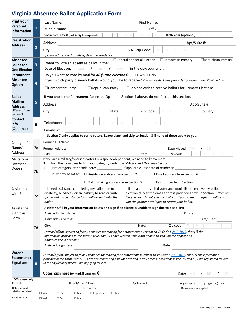 Form SBE701/703.1 Download Printable PDF or Fill Online Virginia