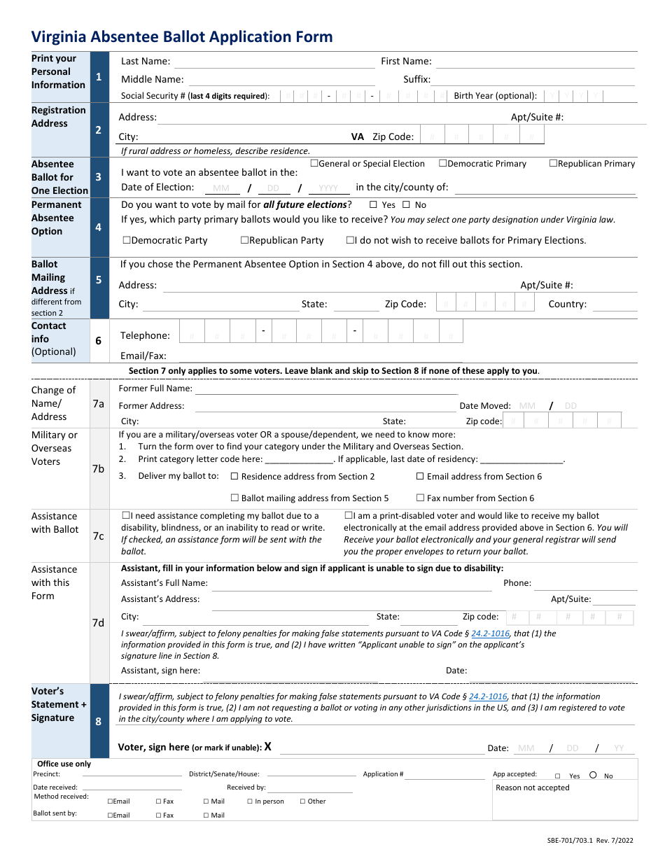 Form SBE-701 / 703.1 Virginia Absentee Ballot Application Form - Virginia, Page 1