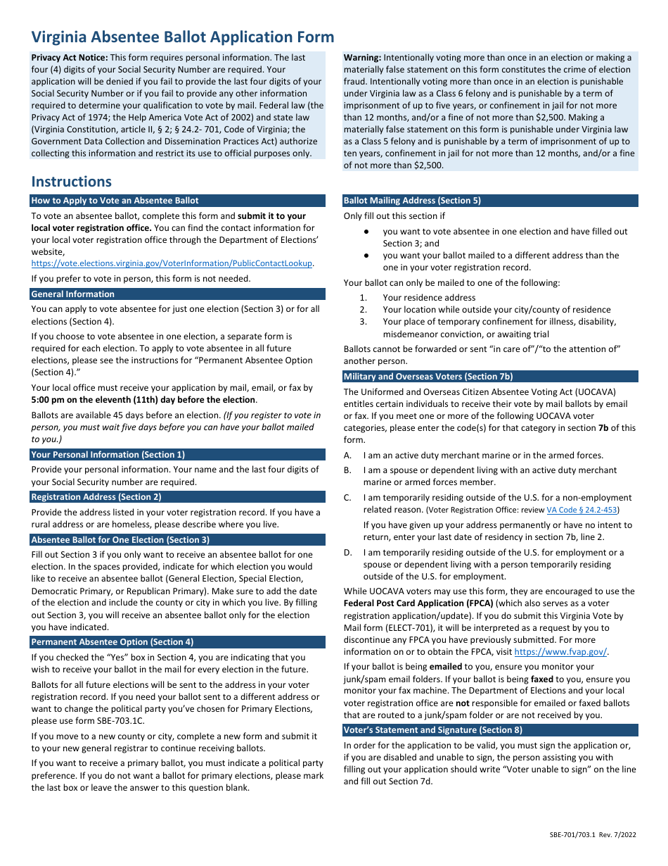 Form SBE701/703.1 Download Printable PDF or Fill Online Virginia