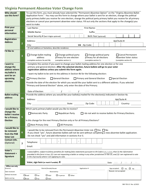 Form SBE-703.1C Virginia Permanent Absentee Voter Change Form - Virginia