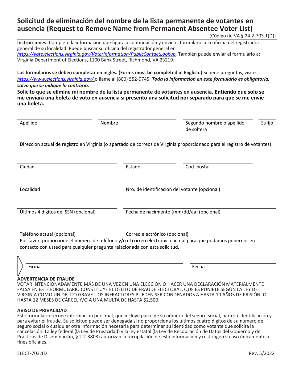 Formulario ELECT-703.1D Solicitud De Eliminacion Del Nombre De La Lista Permanente De Votantes En Ausencia - Virginia (Spanish), Page 1
