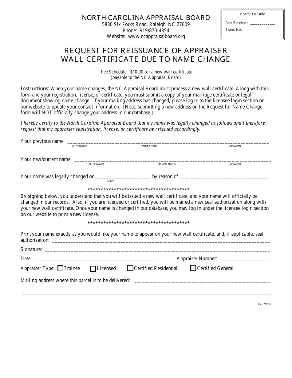Request for Reissuance of Appraiser Wall Certificate Due to Name Change - North Carolina, Page 1