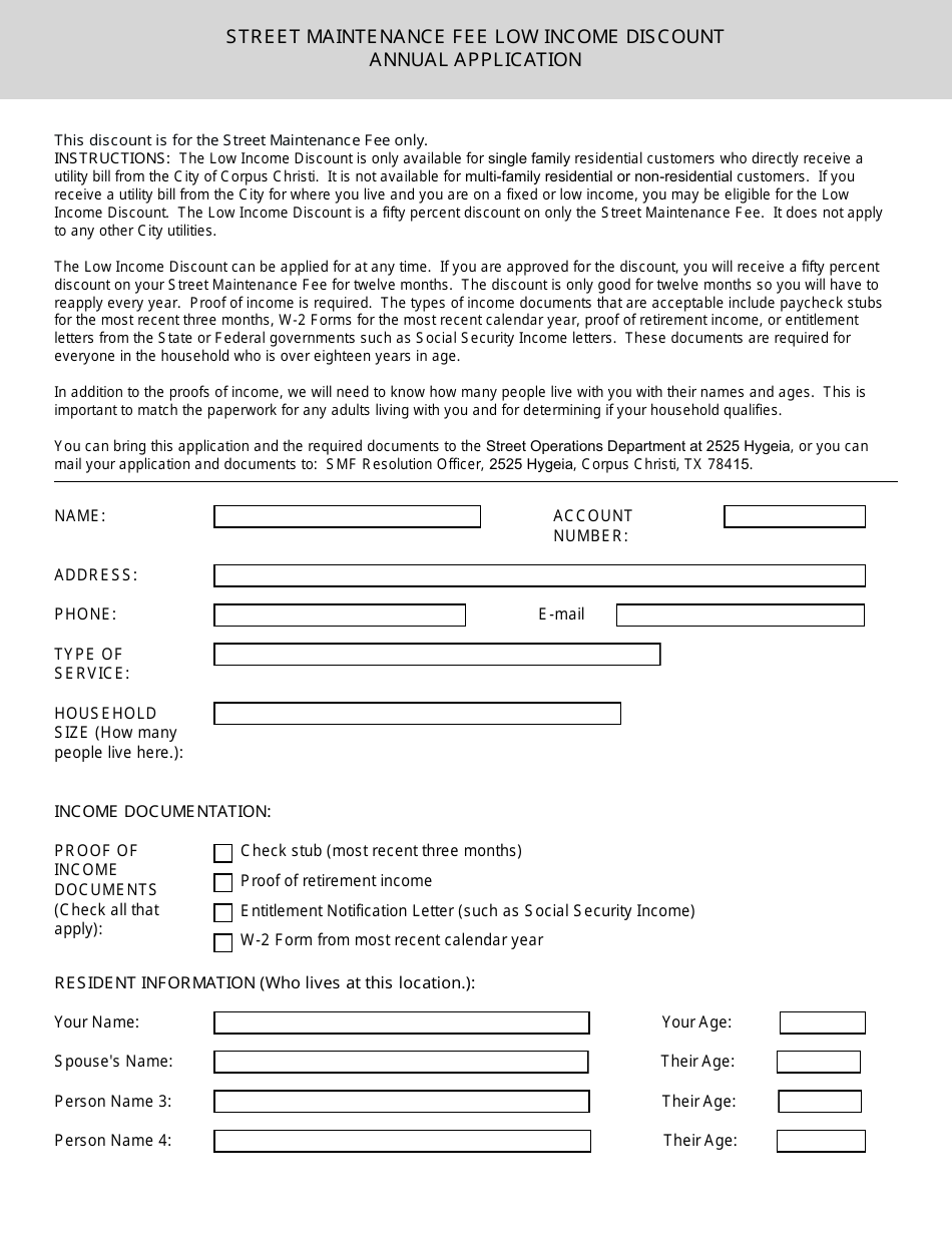Street Maintenance Fee Low Income Discount Annual Application - City of Corpus Christi, Texas, Page 1