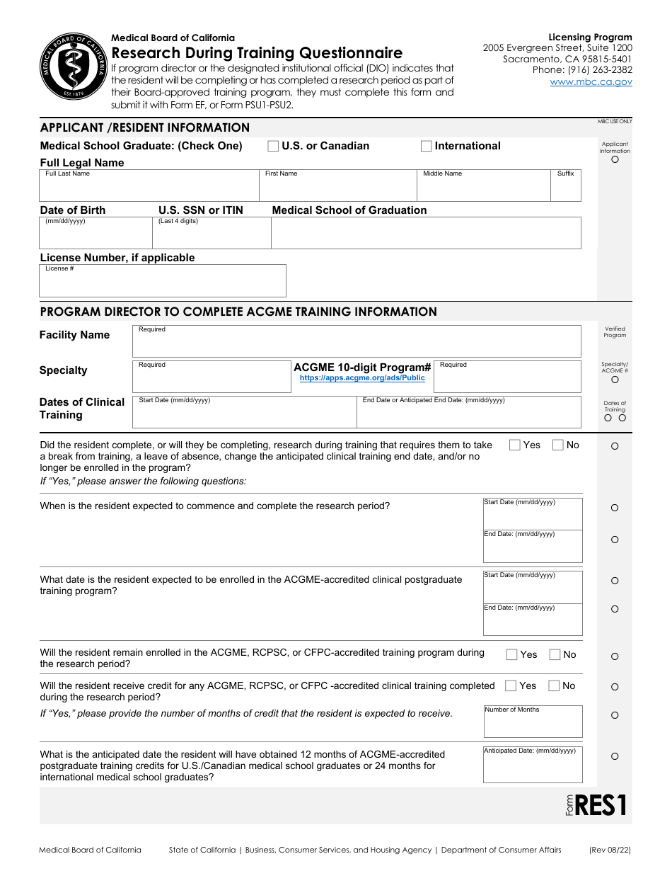 Form RES Fill Out, Sign Online and Download Fillable PDF, California
