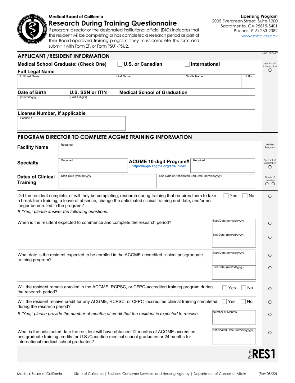 Form RES Research During Training Questionnaire - California, Page 1