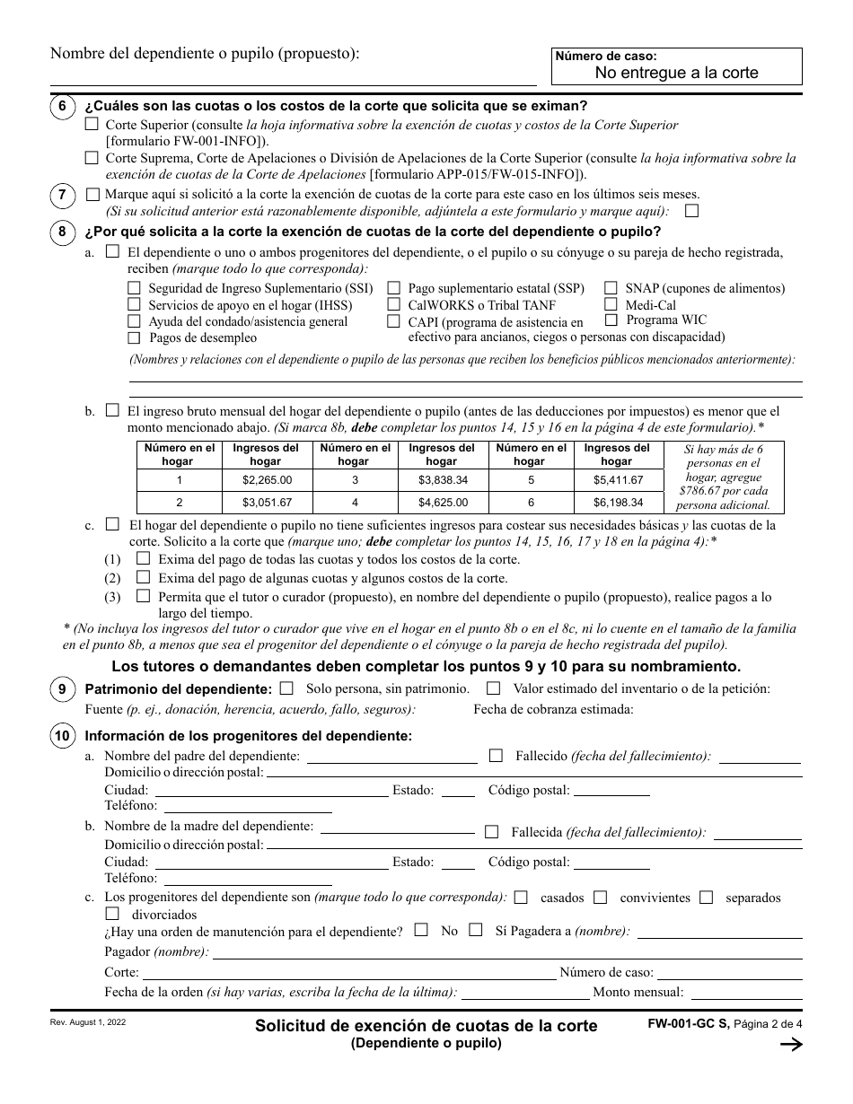Formulario FW-001-GC Solicitud De Exencion De Cuotas De La Corte (Dependiente O Pupilo) - California (Spanish), Page 2