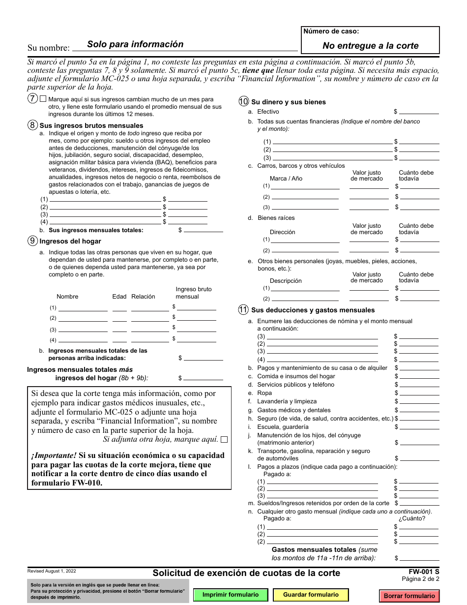 Formulario FW-001 Solicitud De Exencion De Cuotas De La Corte - California (Spanish), Page 2