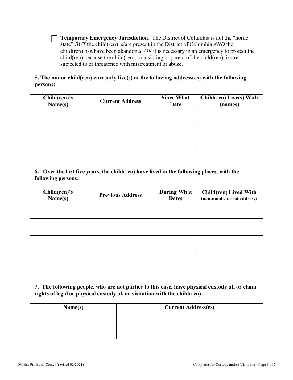 Complaint for Custody and / or Visitation - Washington, D.C., Page 3
