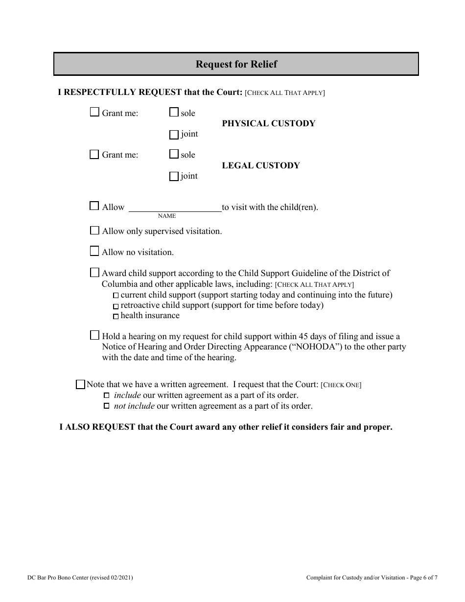 Complaint for Custody and / or Visitation - Washington, D.C., Page 6