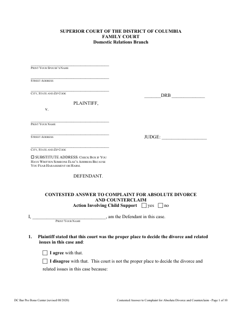 Contested Answer to Complaint for Absolute Divorce and Counterclaim - Washington, D.C. Download Pdf