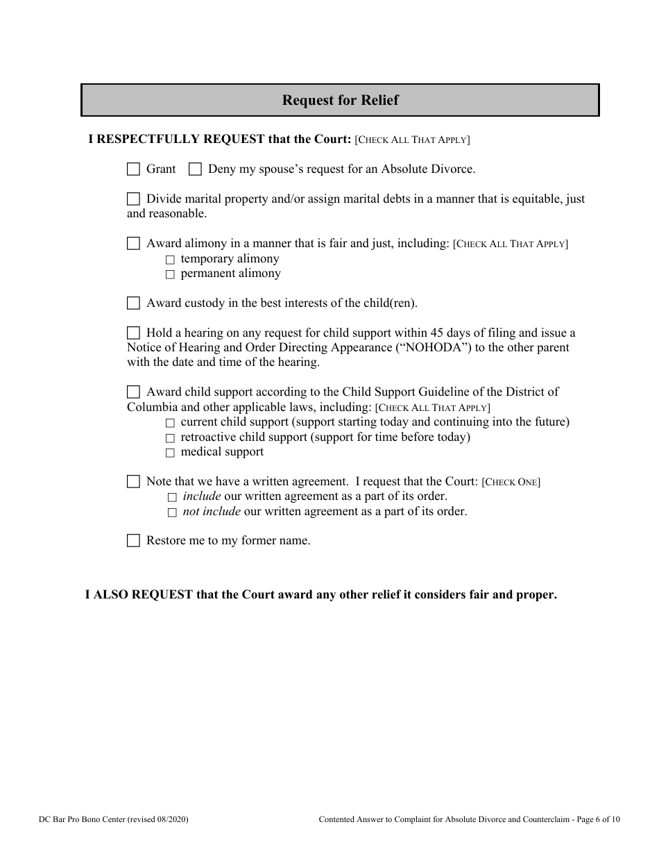 Contested Answer to Complaint for Absolute Divorce and Counterclaim - Washington, D.C., Page 6