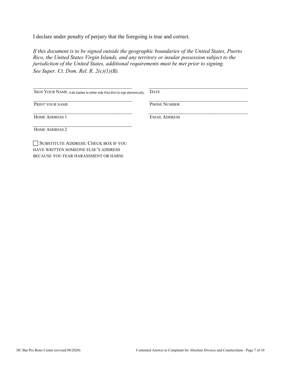 Contested Answer to Complaint for Absolute Divorce and Counterclaim - Washington, D.C., Page 7