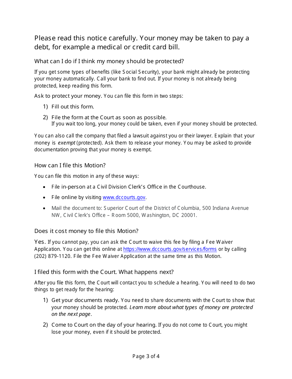 Motion to Exempt (Protect) Funds and Request a Hearing - Washington, D.C., Page 3