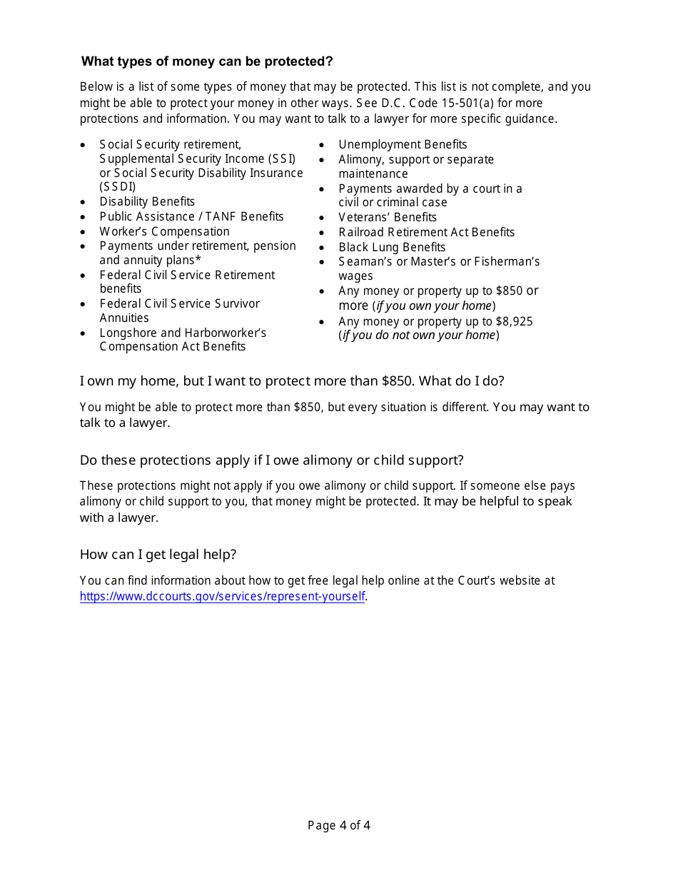 Motion to Exempt (Protect) Funds and Request a Hearing - Washington, D.C., Page 4
