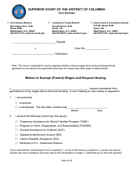 Document preview: Motion to Exempt (Protect) Wages and Request Hearing - Washington, D.C.
