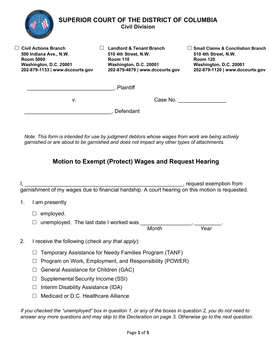 Motion to Exempt (Protect) Wages and Request Hearing - Washington, D.C., Page 1
