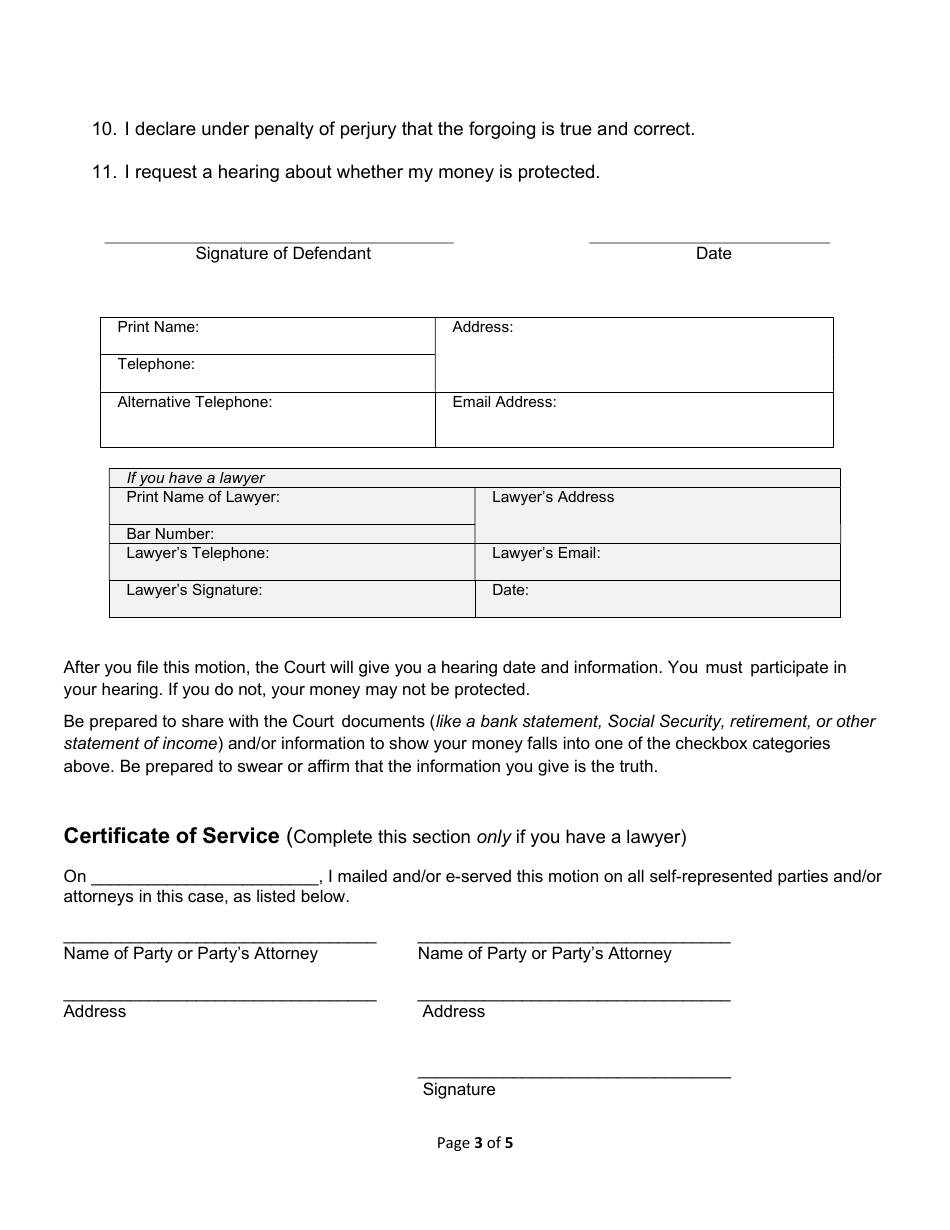 Motion to Exempt (Protect) Wages and Request Hearing - Washington, D.C., Page 3