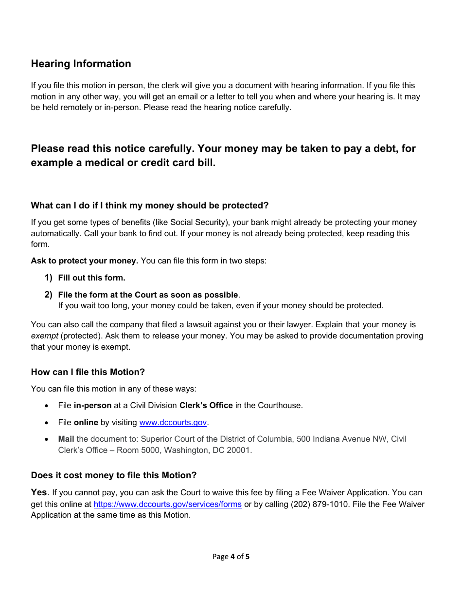 Motion to Exempt (Protect) Wages and Request Hearing - Washington, D.C., Page 4