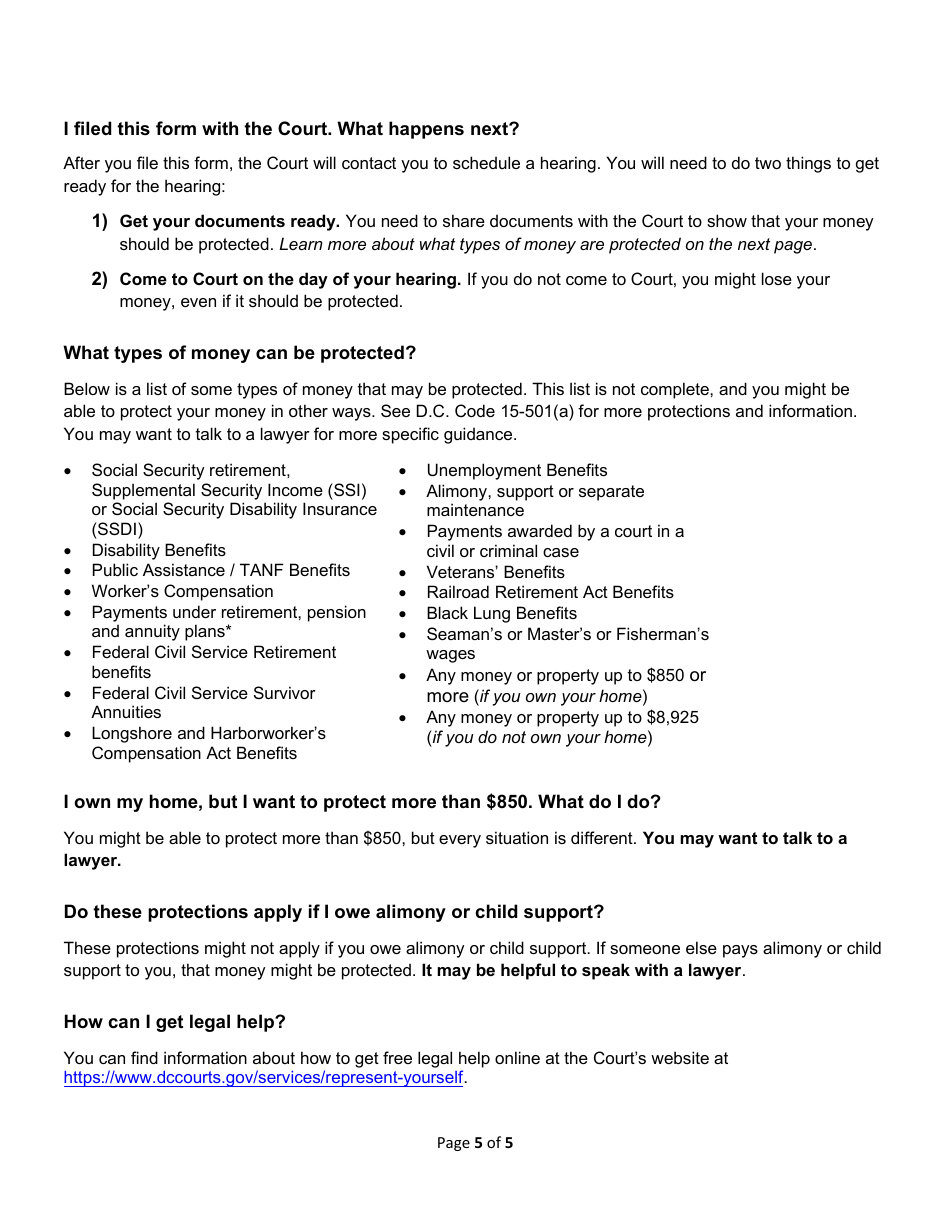 Washington, D.C. Motion to Exempt (Protect) Wages and Request Hearing