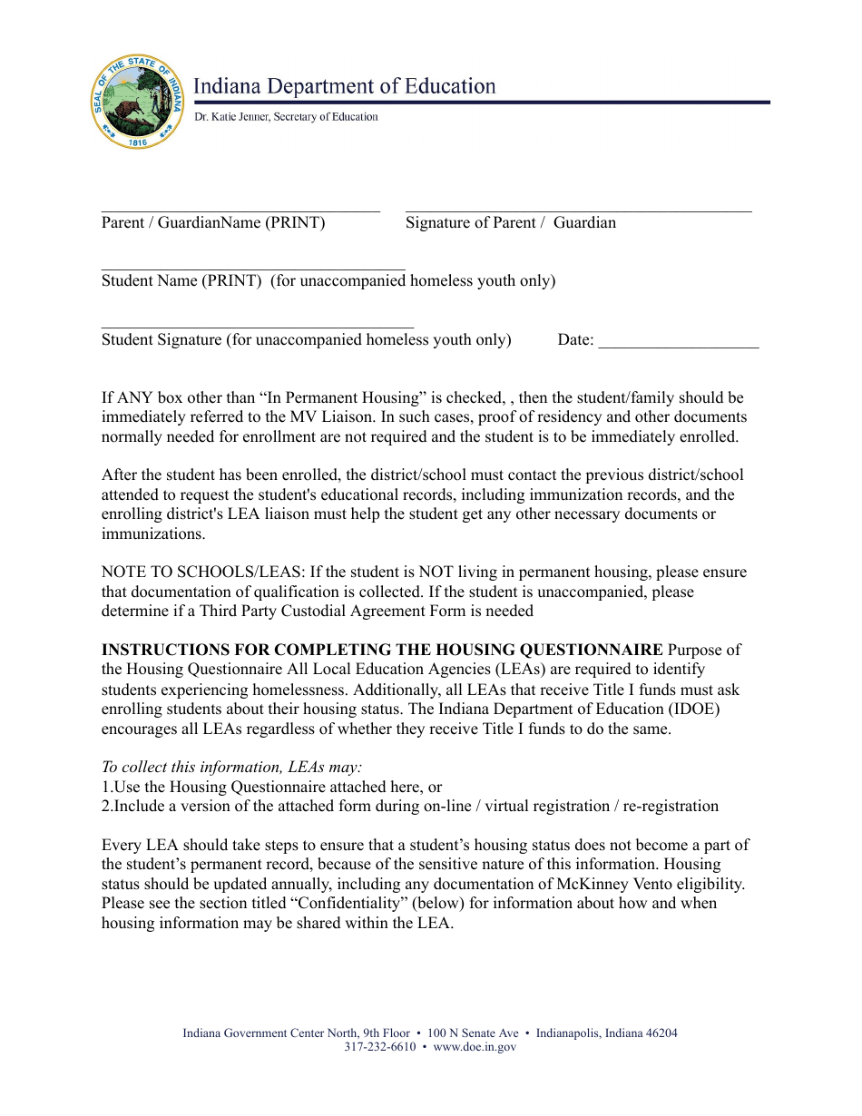 Housing Questionnaire - Indiana Education for Homeless Children  Youth (Inehcy) Mckinney-Vento Homeless Education Program - Indiana, Page 2