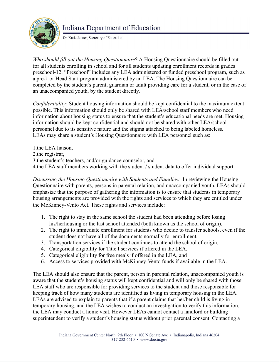 Housing Questionnaire - Indiana Education for Homeless Children  Youth (Inehcy) Mckinney-Vento Homeless Education Program - Indiana, Page 3