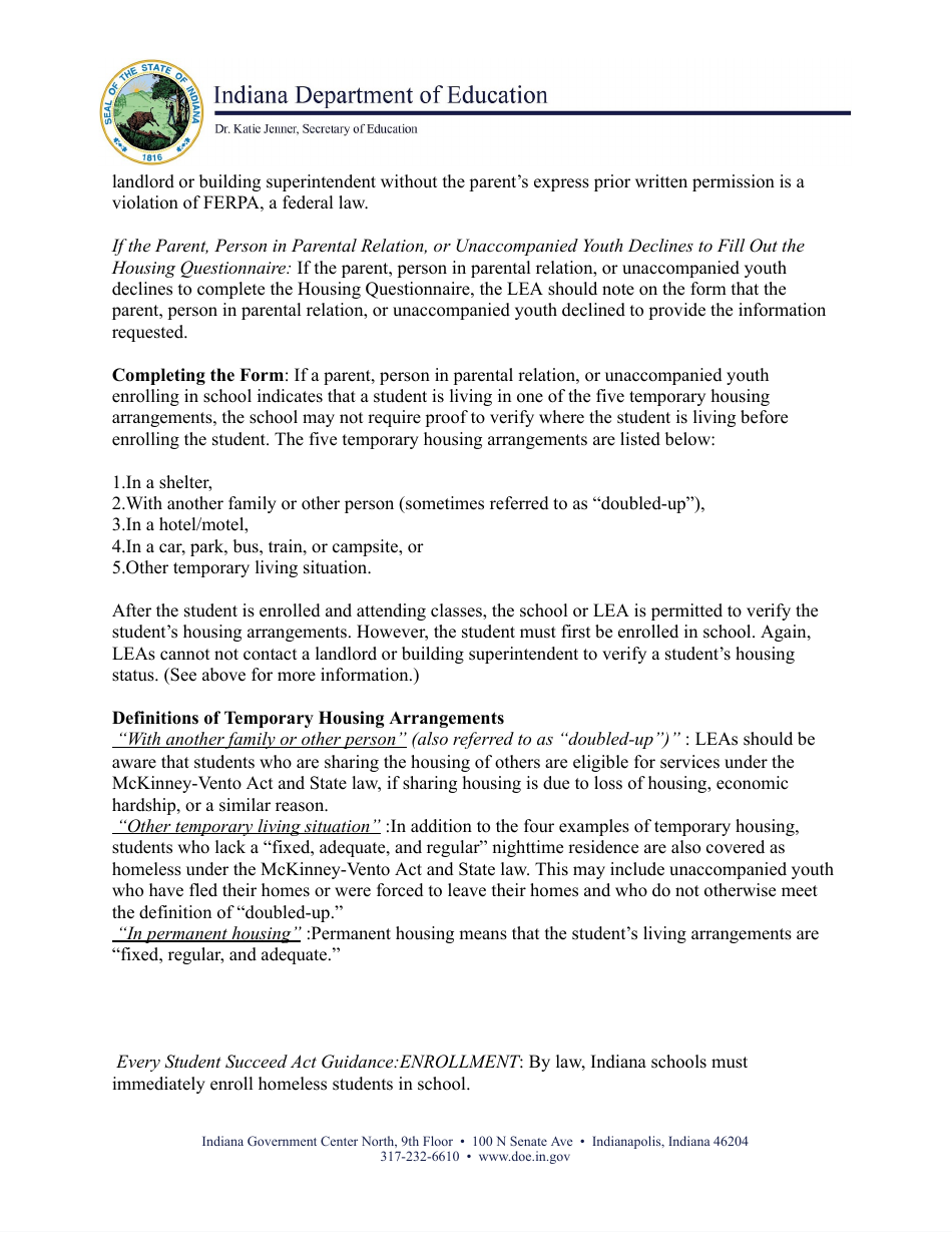 Housing Questionnaire - Indiana Education for Homeless Children  Youth (Inehcy) Mckinney-Vento Homeless Education Program - Indiana, Page 4