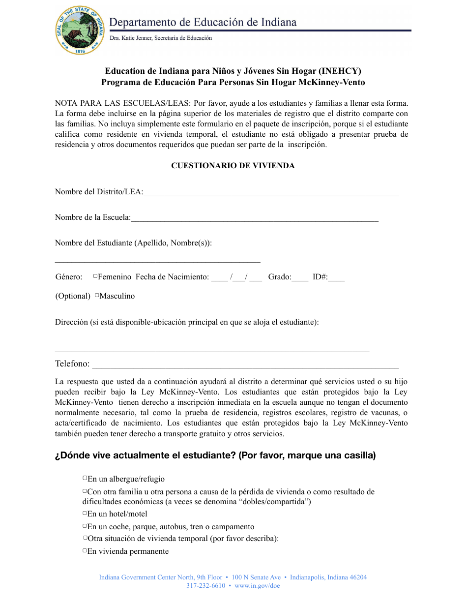 Cuestionario De Vivienda - Education De Indiana Para Ninos Y Jovenes Sin Hogar (Inehcy) Programa De Educacion Para Personas Sin Hogar Mckinney-Vento - Indiana (Spanish), Page 1