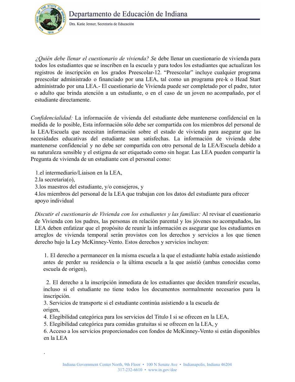 Cuestionario De Vivienda - Education De Indiana Para Ninos Y Jovenes Sin Hogar (Inehcy) Programa De Educacion Para Personas Sin Hogar Mckinney-Vento - Indiana (Spanish), Page 3