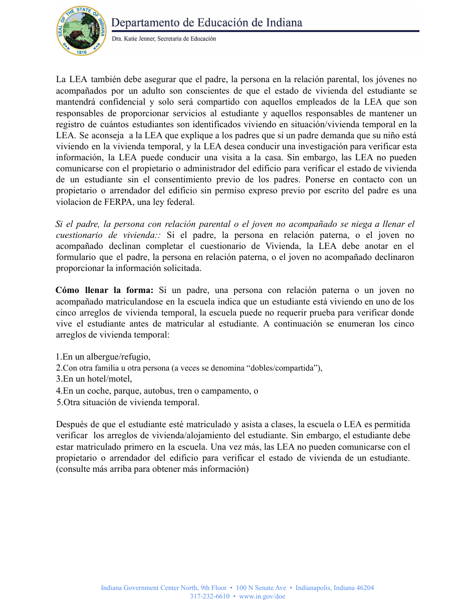 Cuestionario De Vivienda - Education De Indiana Para Ninos Y Jovenes Sin Hogar (Inehcy) Programa De Educacion Para Personas Sin Hogar Mckinney-Vento - Indiana (Spanish), Page 4