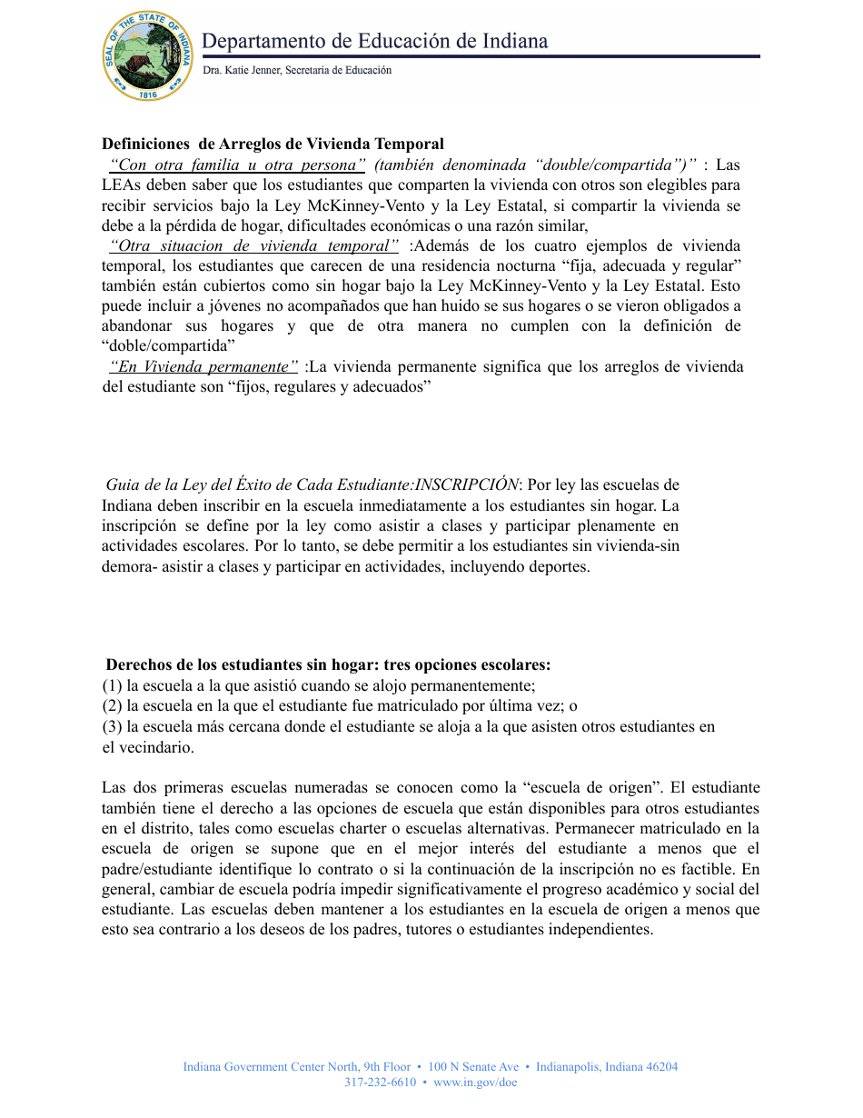 Cuestionario De Vivienda - Education De Indiana Para Ninos Y Jovenes Sin Hogar (Inehcy) Programa De Educacion Para Personas Sin Hogar Mckinney-Vento - Indiana (Spanish), Page 5