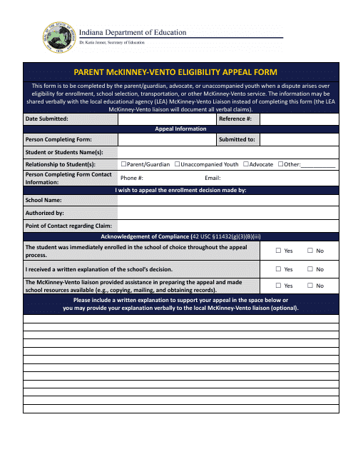 Parent Mckinney-Vento Eligibility Appeal Form - Indiana Download Pdf
