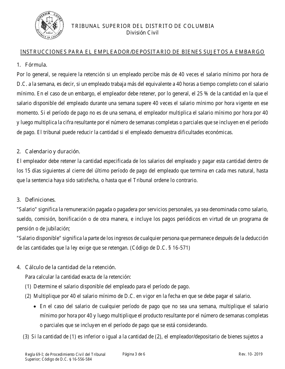 Orden De Embargo De Una Sentencia (Embargo De Sueldos, Ingresos, Salarios, Comisiones Y Pensiones) - Washington, D.C. (Spanish), Page 3