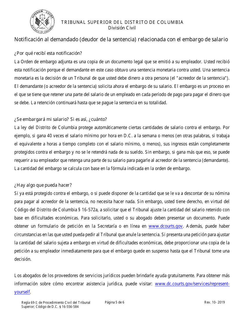 Orden De Embargo De Una Sentencia (Embargo De Sueldos, Ingresos, Salarios, Comisiones Y Pensiones) - Washington, D.C. (Spanish), Page 5