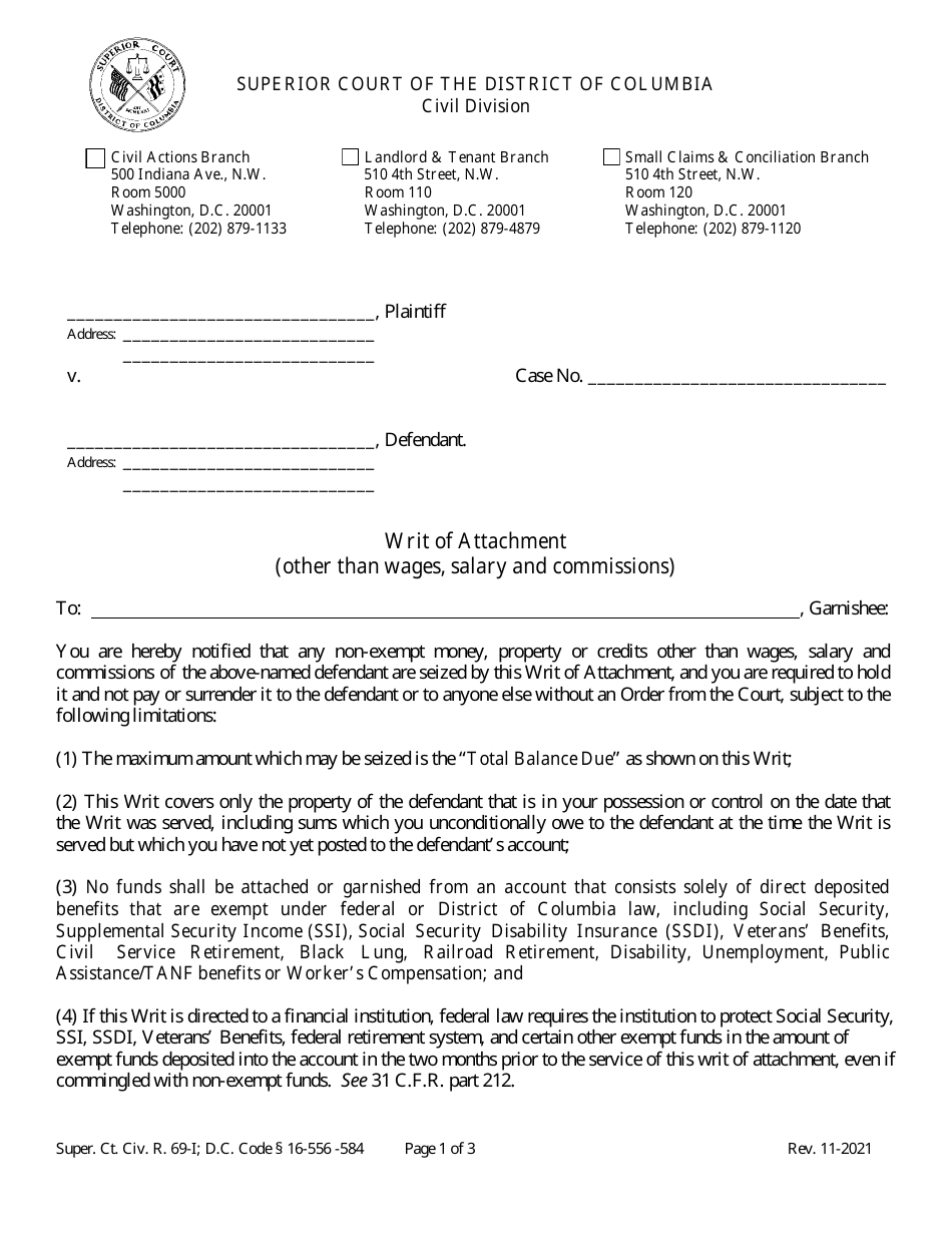 Washington, D.C. Writ of Attachment (Other Than Wages, Salary and