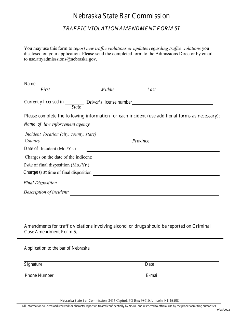Form 5T (NSBC2:05T) Traffic Violation Amendment Form - Nebraska, Page 1
