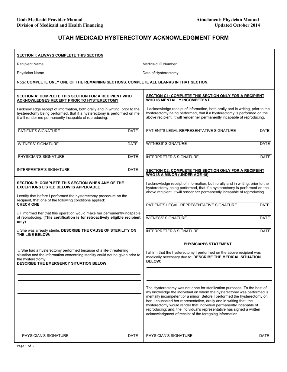 Utah Medicaid Hysterectomy Acknowledgment Form - Utah, Page 1