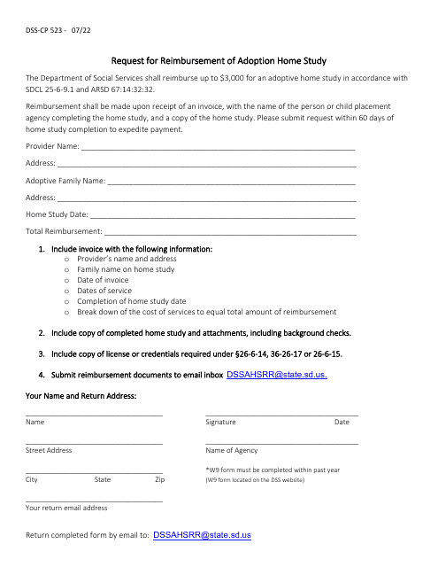 Form DSS-CP-523 Request for Reimbursement of Adoption Home Study - South Dakota